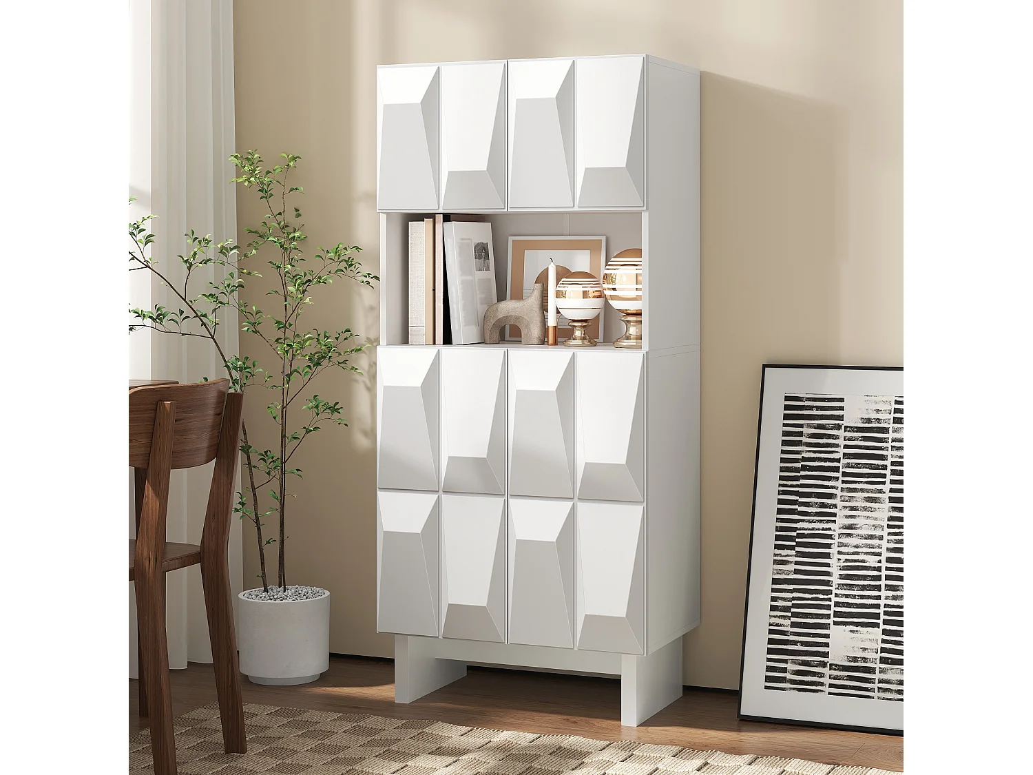 Vitrine, buffet 60.5x34x135.5cm - Avec 4 portes à décor en relief et étagères ouvertes - Panneaux de particules - Blanc