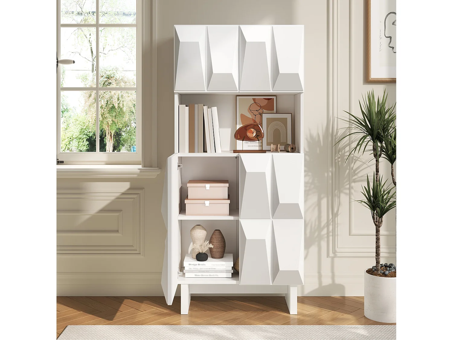 Vitrine, buffet 60.5x34x135.5cm - Avec 4 portes à décor en relief et étagères ouvertes - Panneaux de particules - Blanc