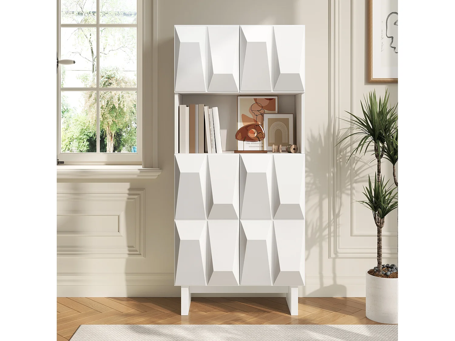 Vitrine, buffet 60.5x34x135.5cm - Avec 4 portes à décor en relief et étagères ouvertes - Panneaux de particules - Blanc