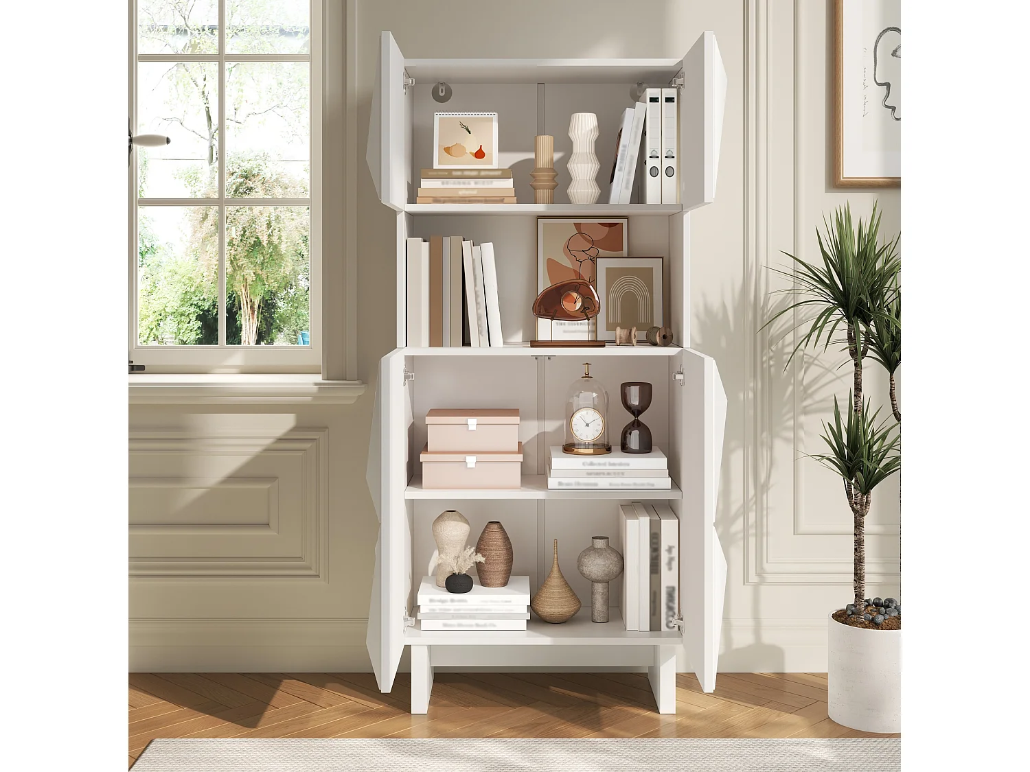 Vitrine, buffet 60.5x34x135.5cm - Avec 4 portes à décor en relief et étagères ouvertes - Panneaux de particules - Blanc