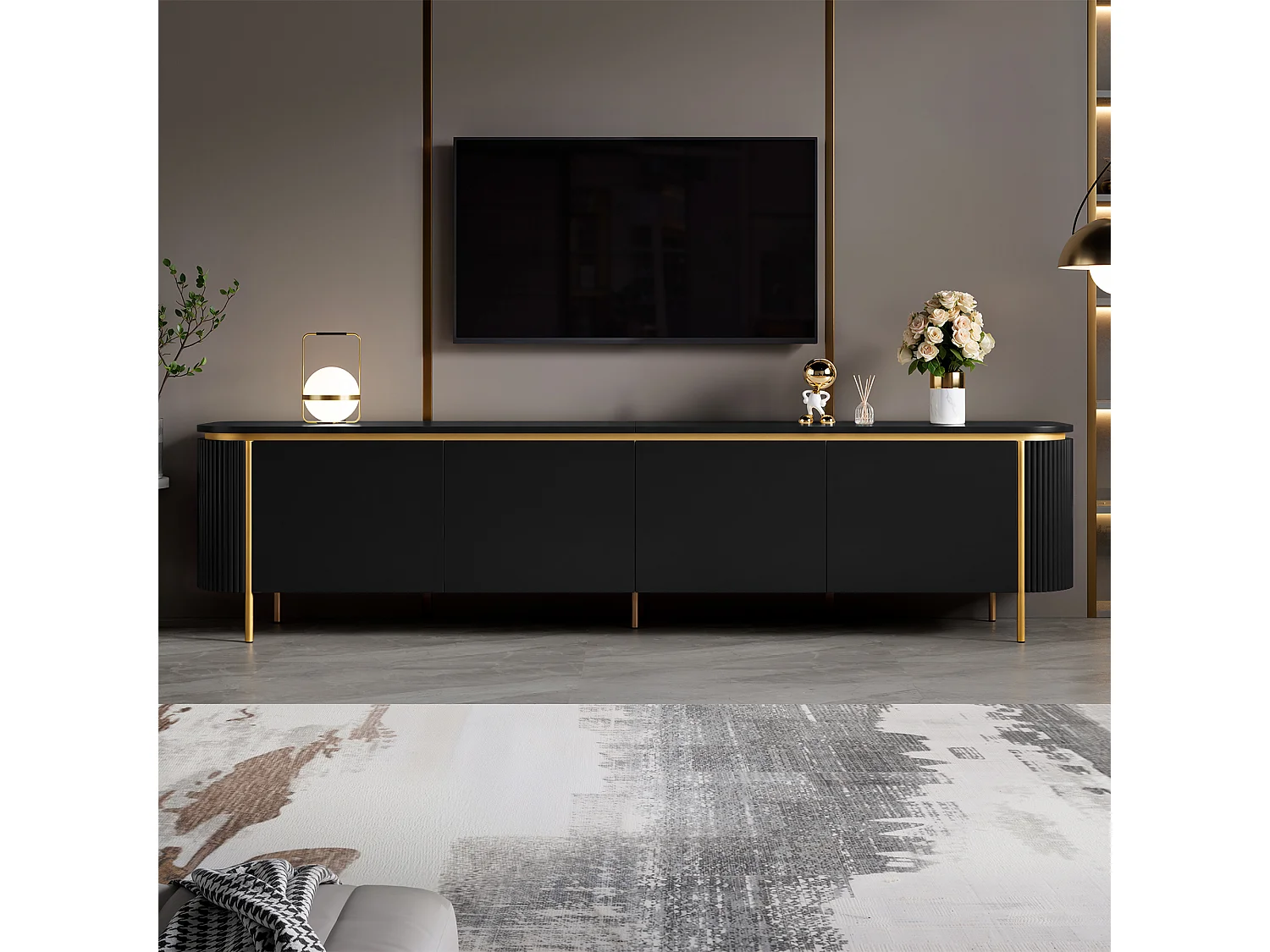 Modernt TV-bänk 180 x 38 x 46 cm - Med 6 dörrar - Ben i järn - Rundade kanter - Kabelhantering - MDF - Svart