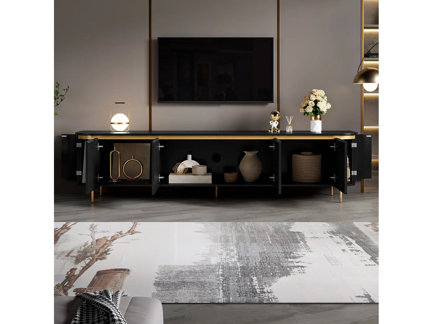 Modernt TV-bänk 180 x 38 x 46 cm - Med 6 dörrar - Ben i järn - Rundade kanter - Kabelhantering - MDF - Svart
