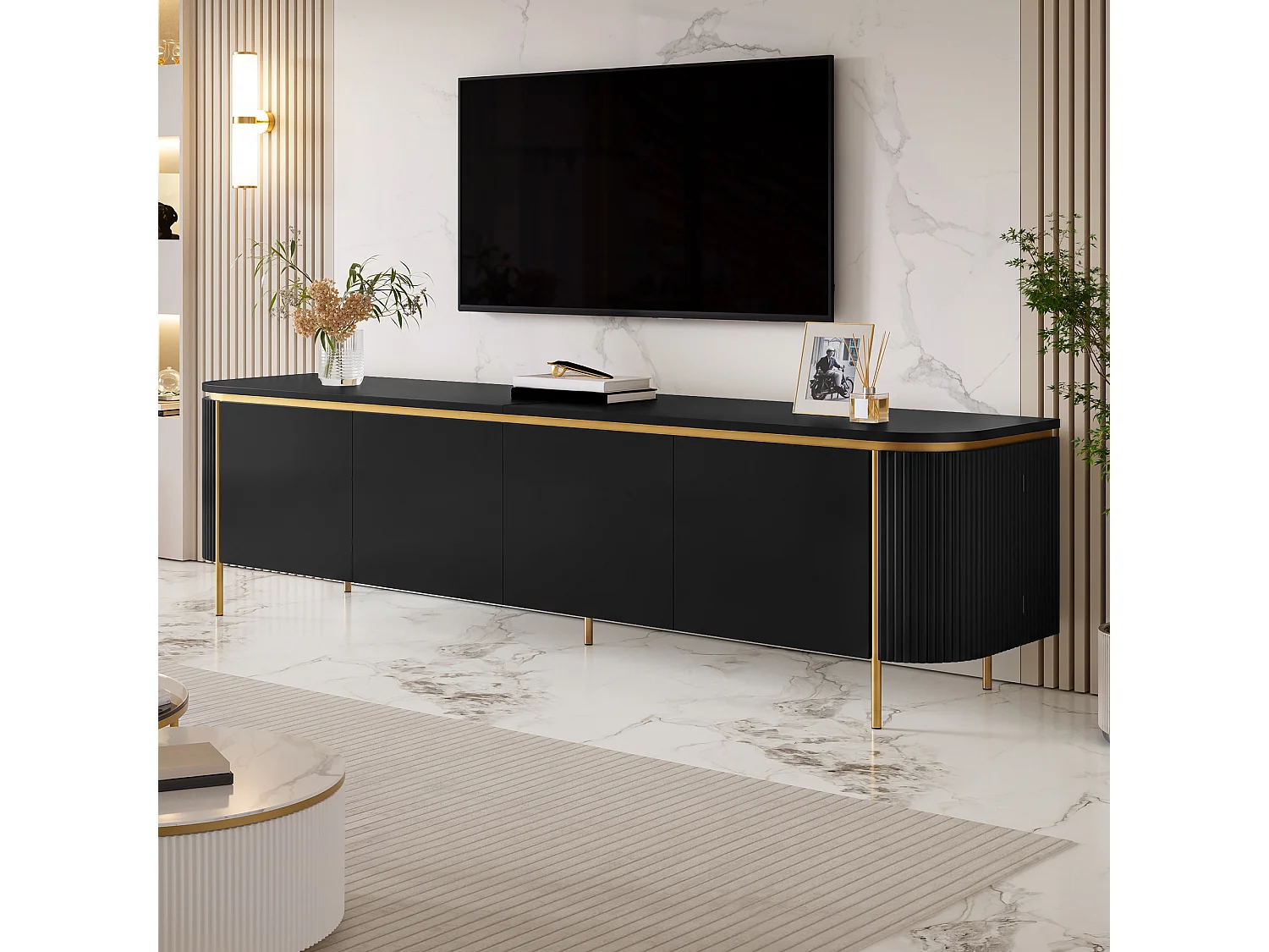 Modernt TV-bänk 180 x 38 x 46 cm - Med 6 dörrar - Ben i järn - Rundade kanter - Kabelhantering - MDF - Svart