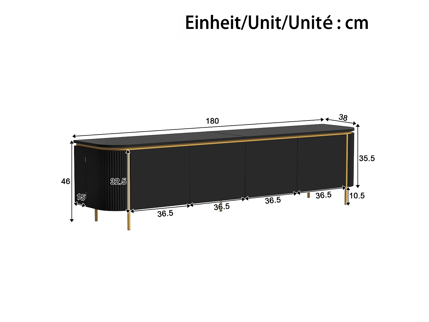Modernt TV-bänk 180 x 38 x 46 cm - Med 6 dörrar - Ben i järn - Rundade kanter - Kabelhantering - MDF - Svart