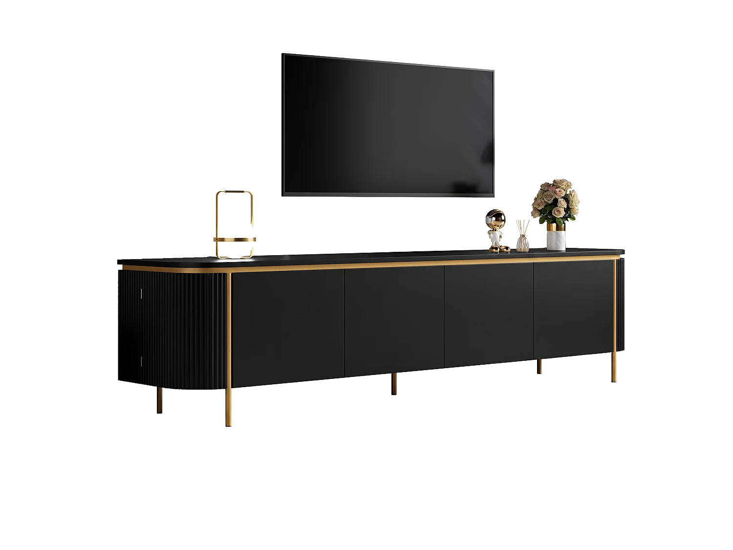 Modernt TV-bänk 180 x 38 x 46 cm - Med 6 dörrar - Ben i järn - Rundade kanter - Kabelhantering - MDF - Svart