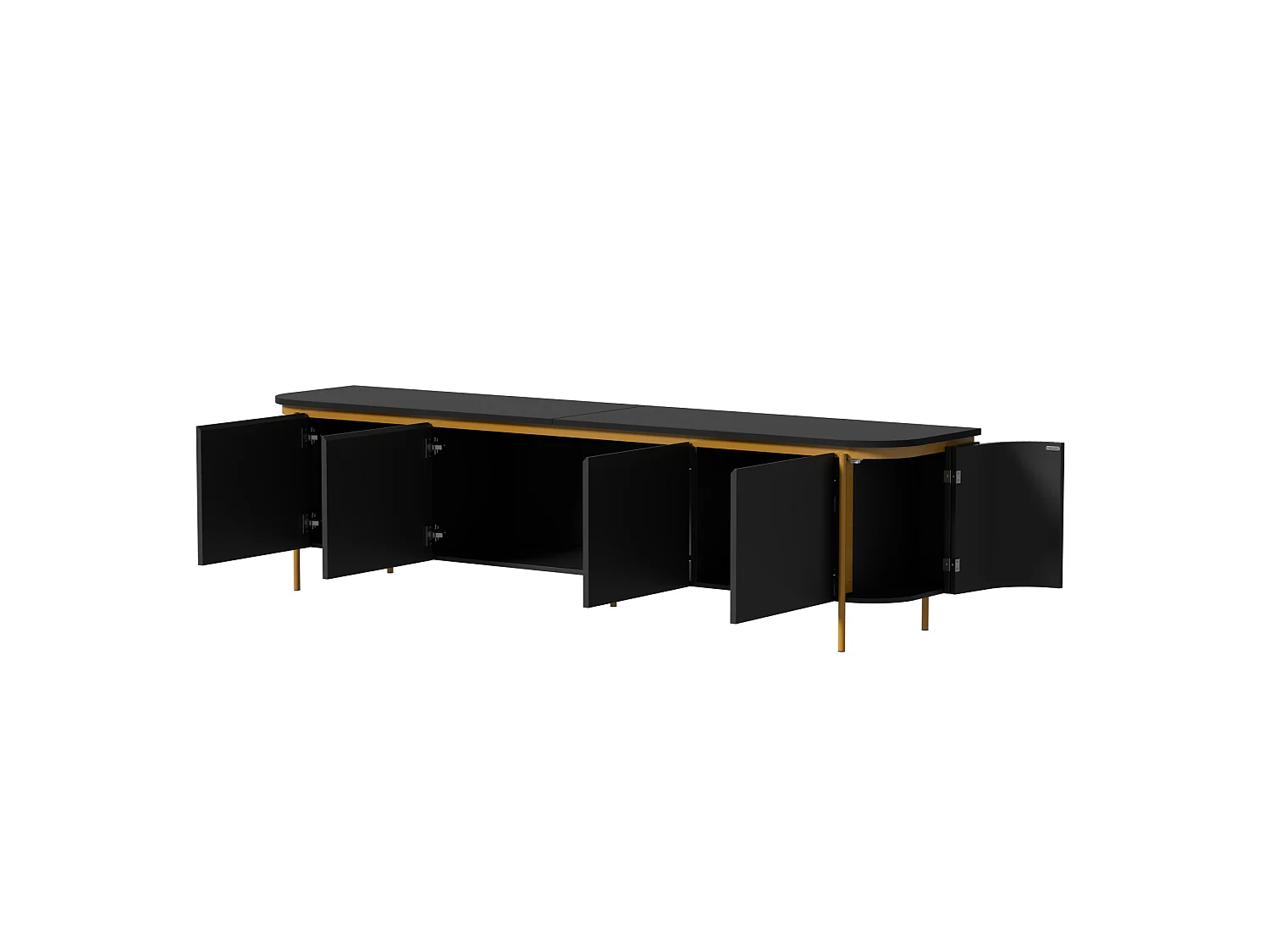 Modernt TV-bänk 180 x 38 x 46 cm - Med 6 dörrar - Ben i järn - Rundade kanter - Kabelhantering - MDF - Svart