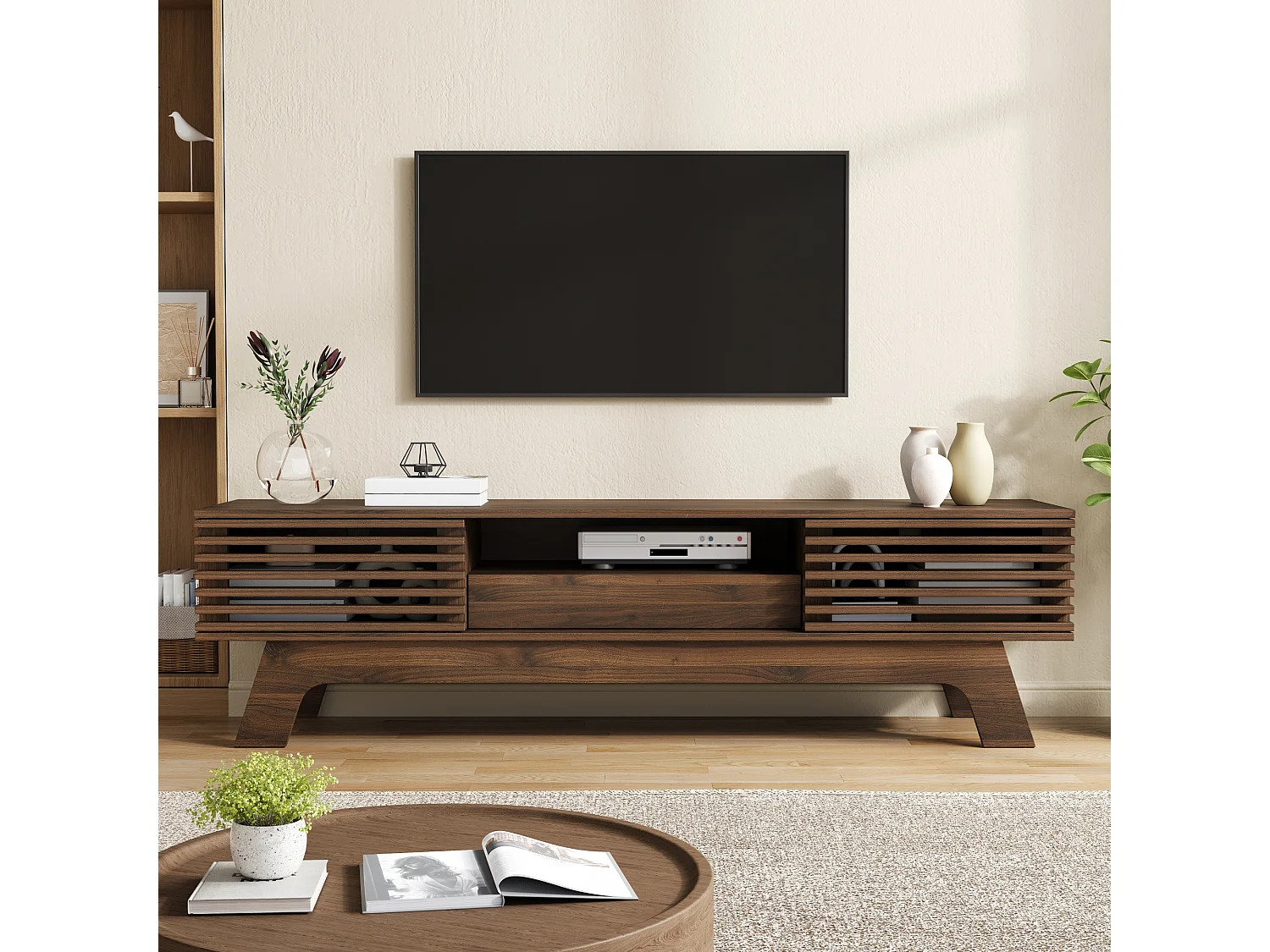 Meuble TV moderne 150 x 35 x 44 cm - 2 portes persiennes et 1 tiroir - Gestion des câbles - MDF - Marron