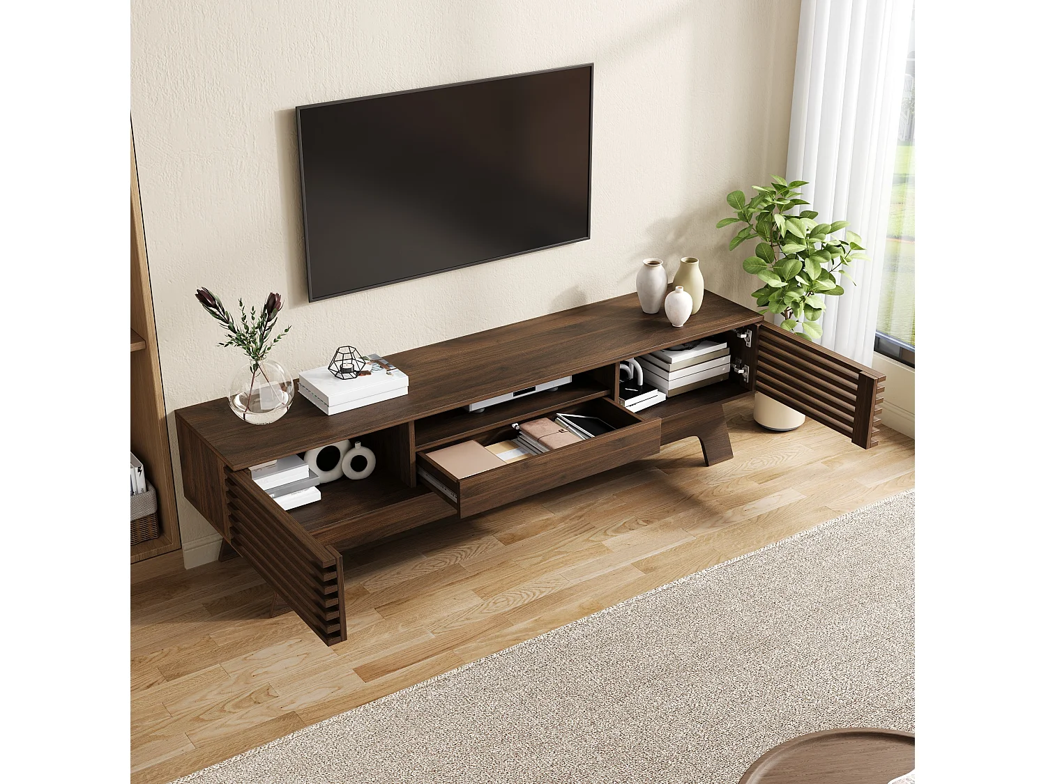 Meuble TV moderne 150 x 35 x 44 cm - 2 portes persiennes et 1 tiroir - Gestion des câbles - MDF - Marron
