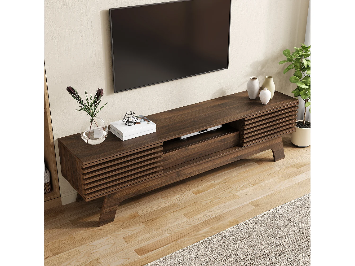 Meuble TV moderne 150 x 35 x 44 cm - 2 portes persiennes et 1 tiroir - Gestion des câbles - MDF - Marron