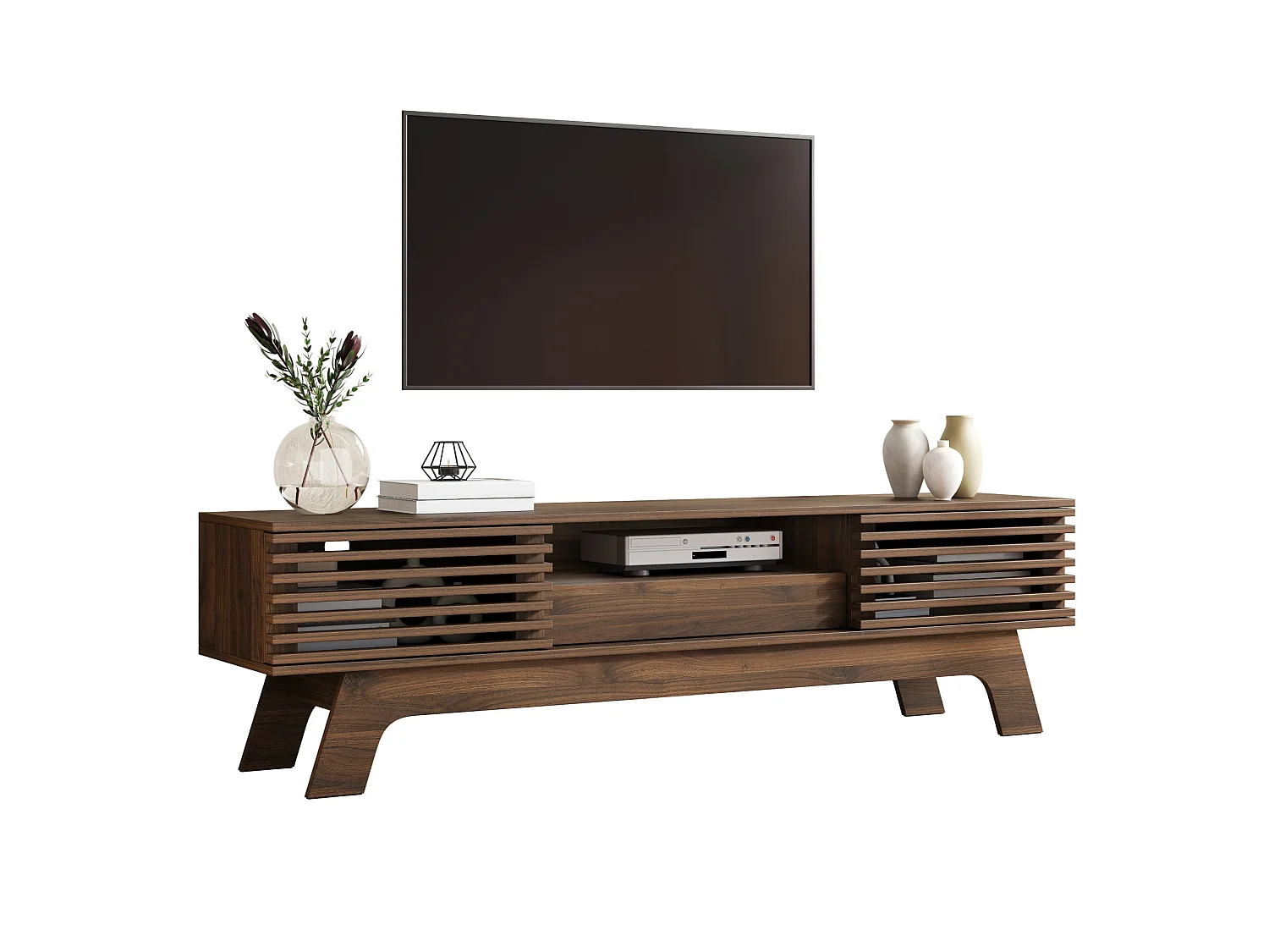 Meuble TV moderne 150 x 35 x 44 cm - 2 portes persiennes et 1 tiroir - Gestion des câbles - MDF - Marron