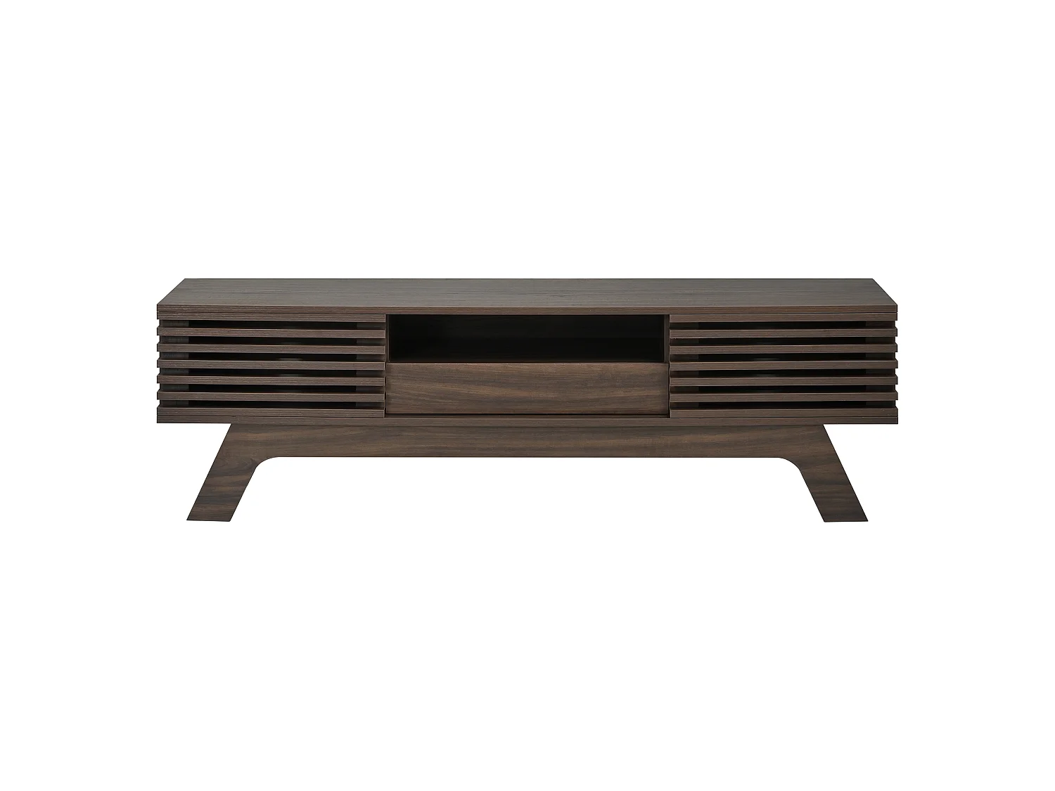 Meuble TV moderne 150 x 35 x 44 cm - 2 portes persiennes et 1 tiroir - Gestion des câbles - MDF - Marron