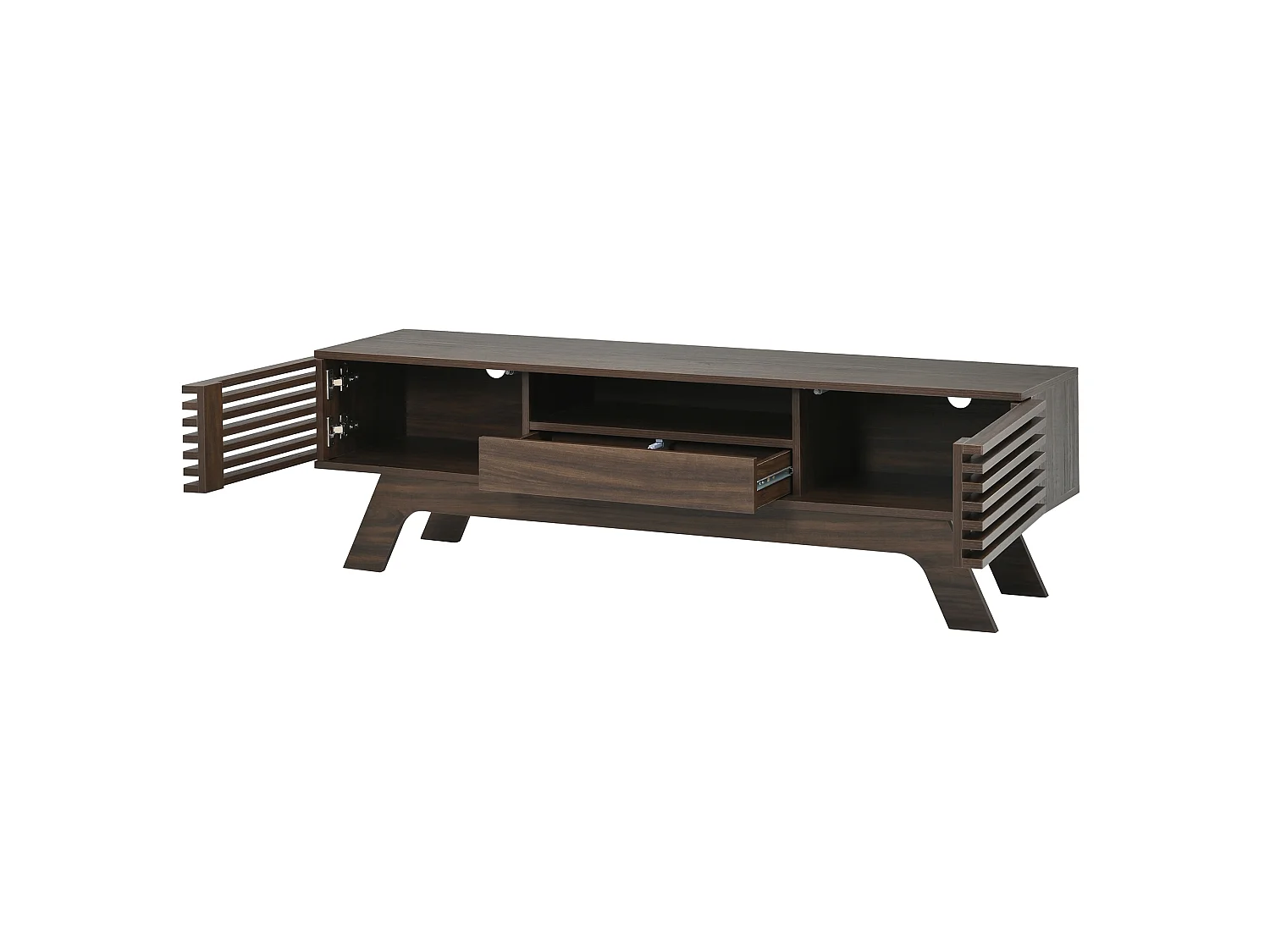 Meuble TV moderne 150 x 35 x 44 cm - 2 portes persiennes et 1 tiroir - Gestion des câbles - MDF - Marron