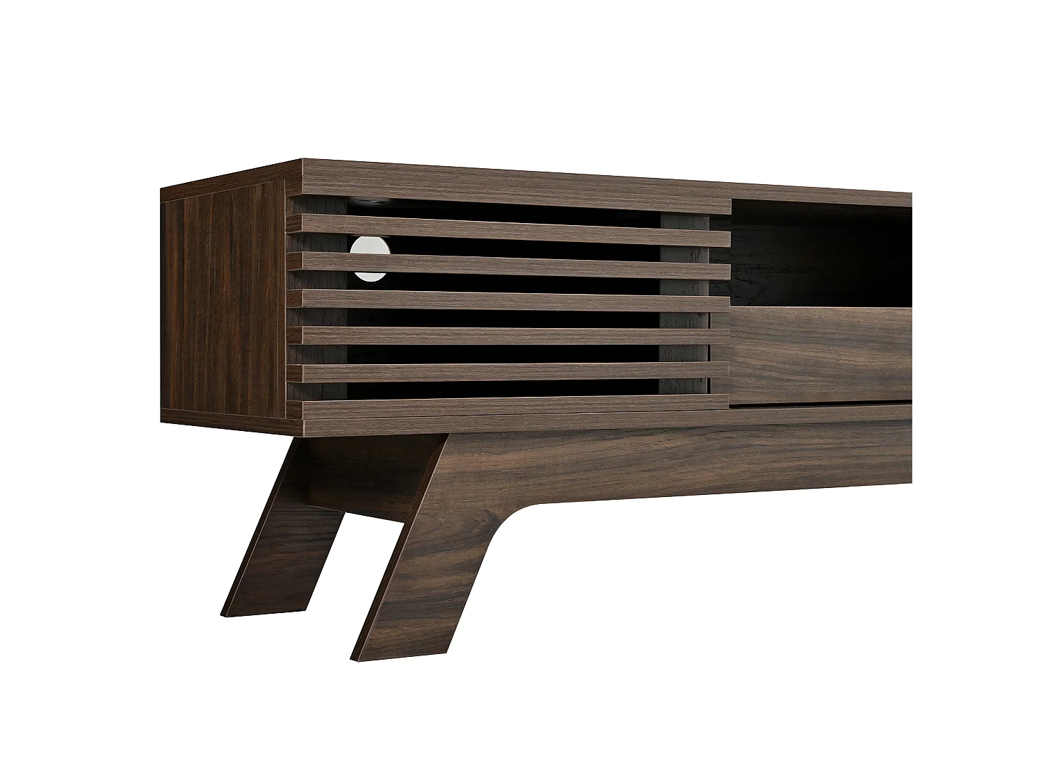 Meuble TV moderne 150 x 35 x 44 cm - 2 portes persiennes et 1 tiroir - Gestion des câbles - MDF - Marron