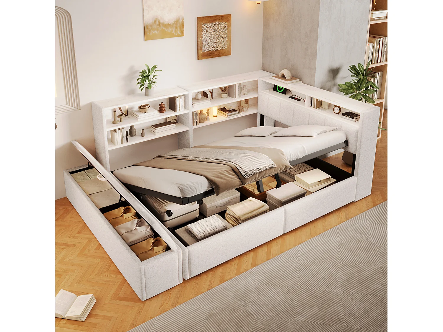 Slaapbank met opbergruimte 140 x 200 cm - met elektrisch stopcontact - met USB-poort - met LED-verlichting - fluweelstof - wit (matras niet inbegrepen)