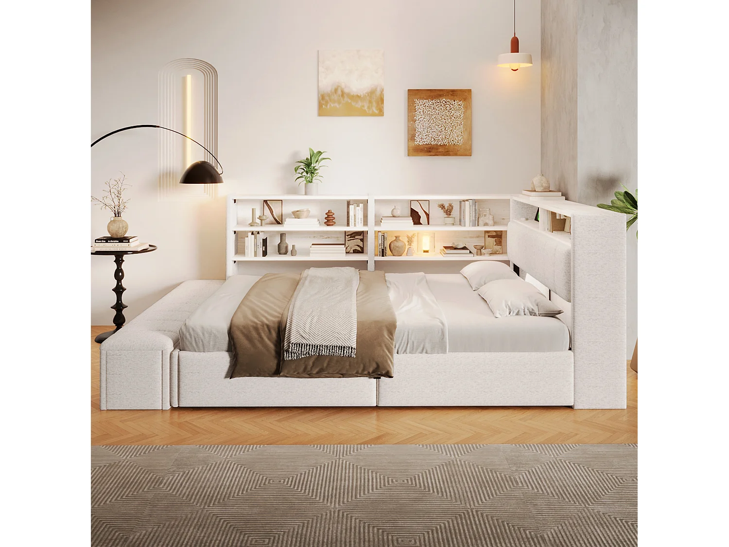 Slaapbank met opbergruimte 140 x 200 cm - met elektrisch stopcontact - met USB-poort - met LED-verlichting - fluweelstof - wit (matras niet inbegrepen)