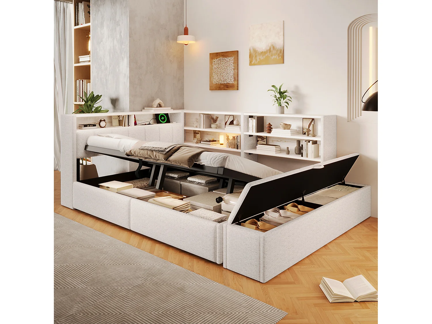 Slaapbank met opbergruimte 140 x 200 cm - met elektrisch stopcontact - met USB-poort - met LED-verlichting - fluweelstof - wit (matras niet inbegrepen)