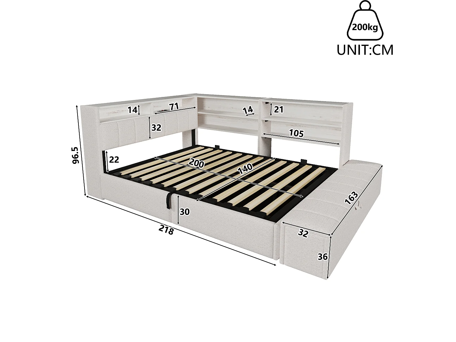Slaapbank met opbergruimte 140 x 200 cm - met elektrisch stopcontact - met USB-poort - met LED-verlichting - fluweelstof - wit (matras niet inbegrepen)
