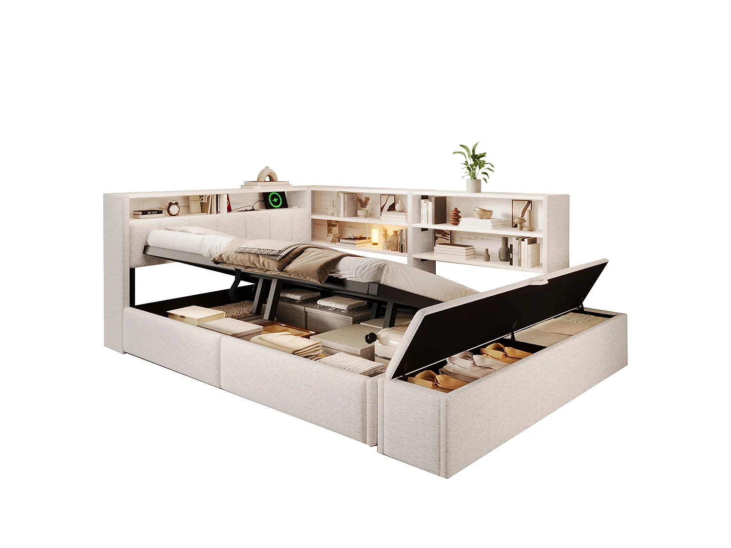 Slaapbank met opbergruimte 140 x 200 cm - met elektrisch stopcontact - met USB-poort - met LED-verlichting - fluweelstof - wit (matras niet inbegrepen)