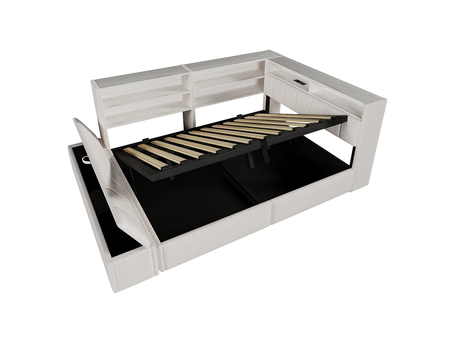 Slaapbank met opbergruimte 140 x 200 cm - met elektrisch stopcontact - met USB-poort - met LED-verlichting - fluweelstof - wit (matras niet inbegrepen)