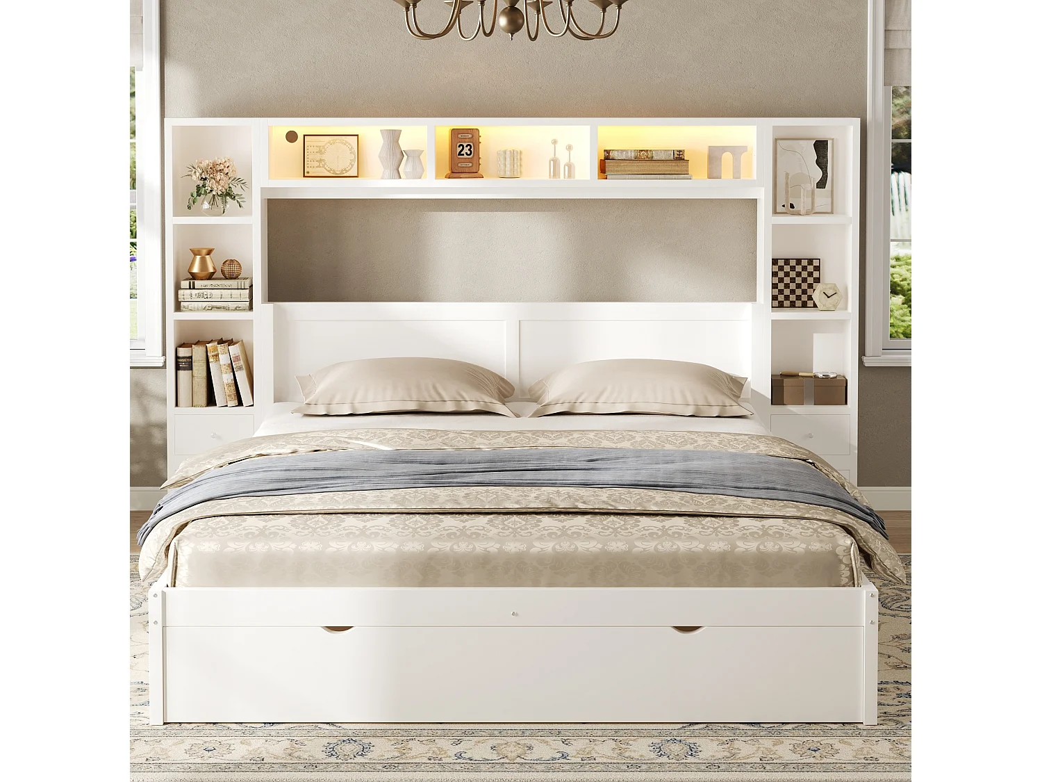 Double bed 140 x 200 cm - with headboard and footboard - With 7 drawers, storage and LED lighting - MDF - White (without mattress)