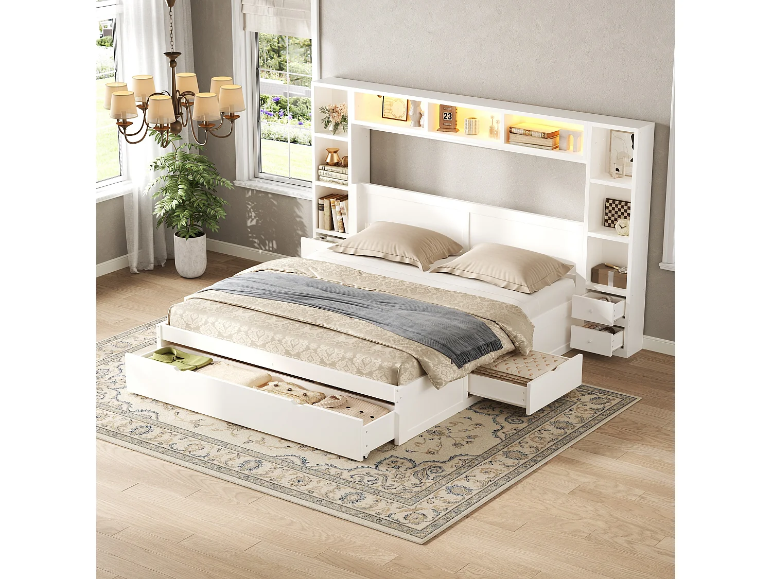 Double bed 140 x 200 cm - with headboard and footboard - With 7 drawers, storage and LED lighting - MDF - White (without mattress)