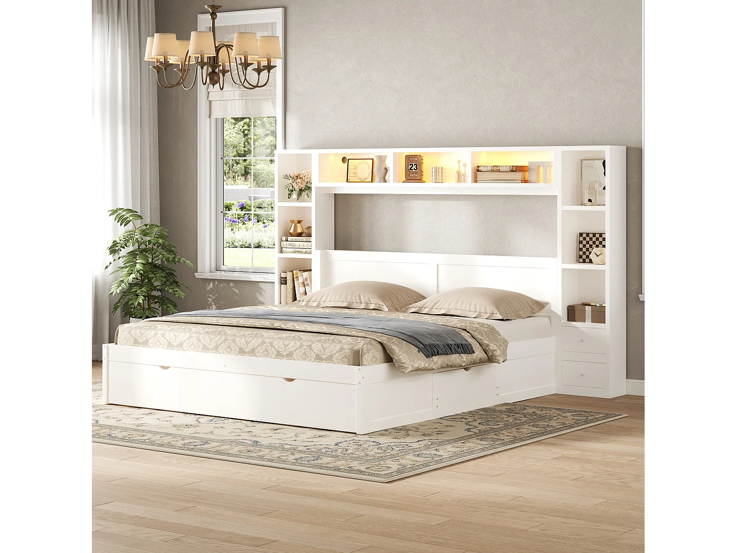 Double bed 140 x 200 cm - with headboard and footboard - With 7 drawers, storage and LED lighting - MDF - White (without mattress)