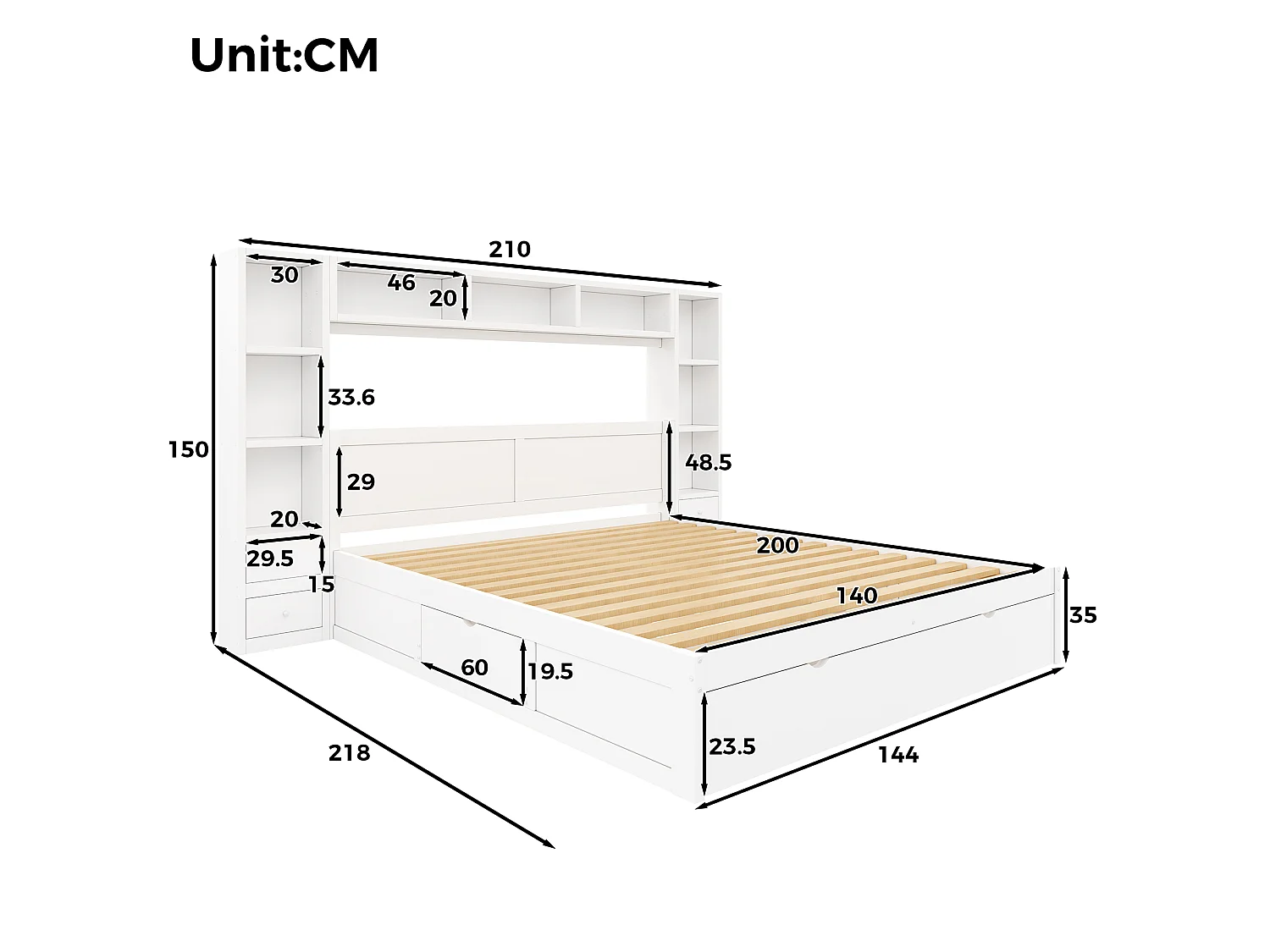Double bed 140 x 200 cm - with headboard and footboard - With 7 drawers, storage and LED lighting - MDF - White (without mattress)