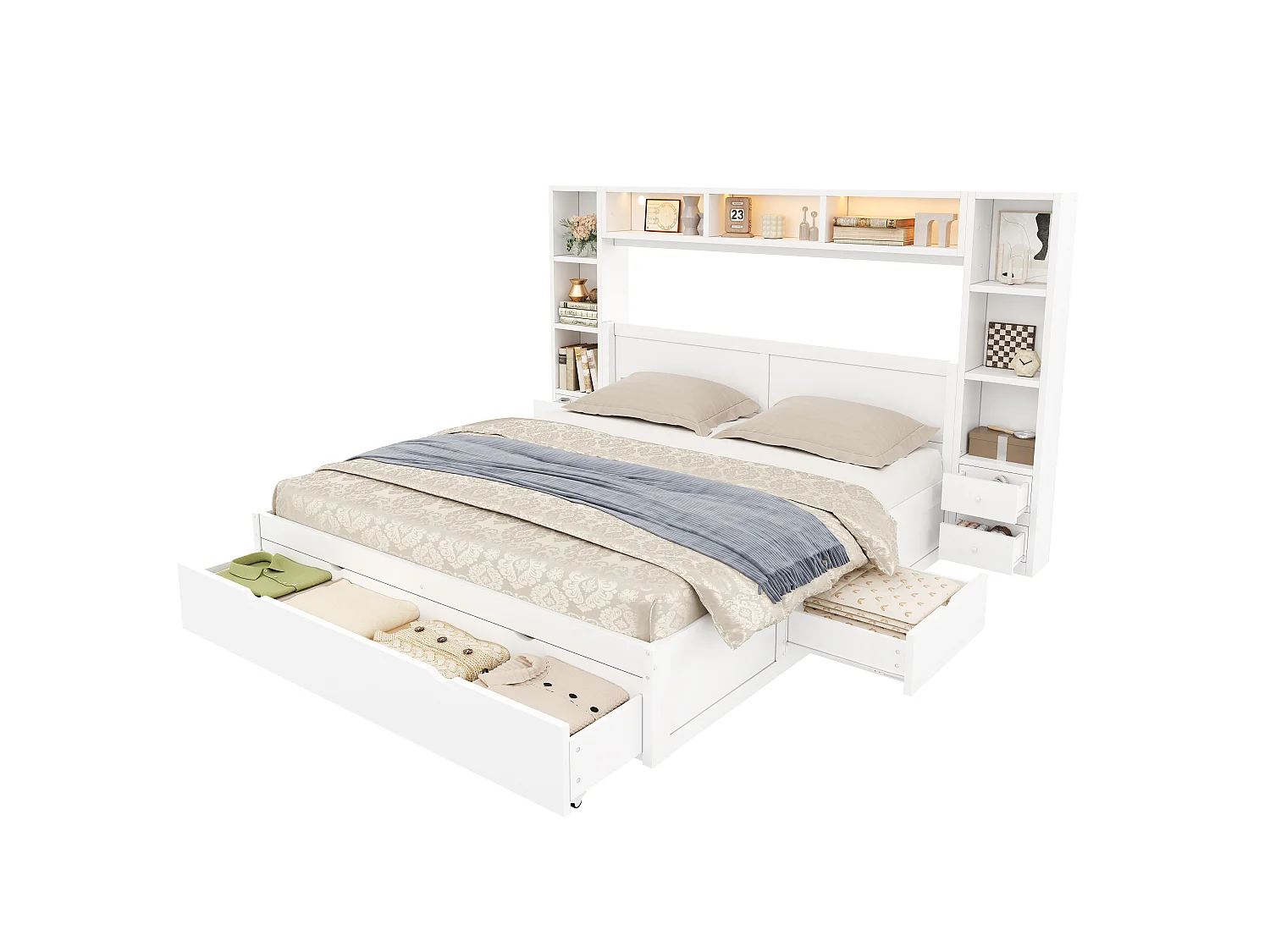 Double bed 140 x 200 cm - with headboard and footboard - With 7 drawers, storage and LED lighting - MDF - White (without mattress)