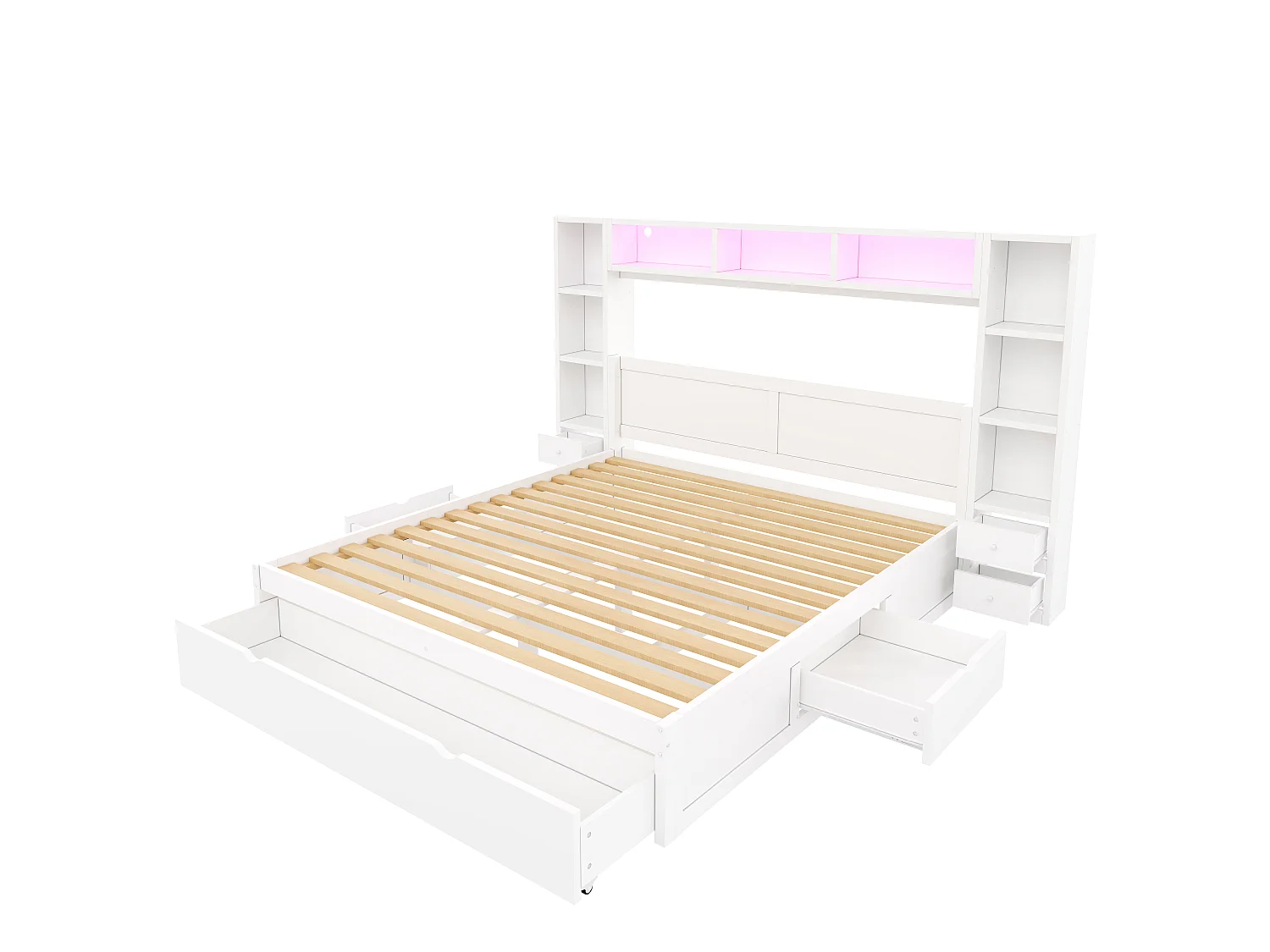 Double bed 140 x 200 cm - with headboard and footboard - With 7 drawers, storage and LED lighting - MDF - White (without mattress)