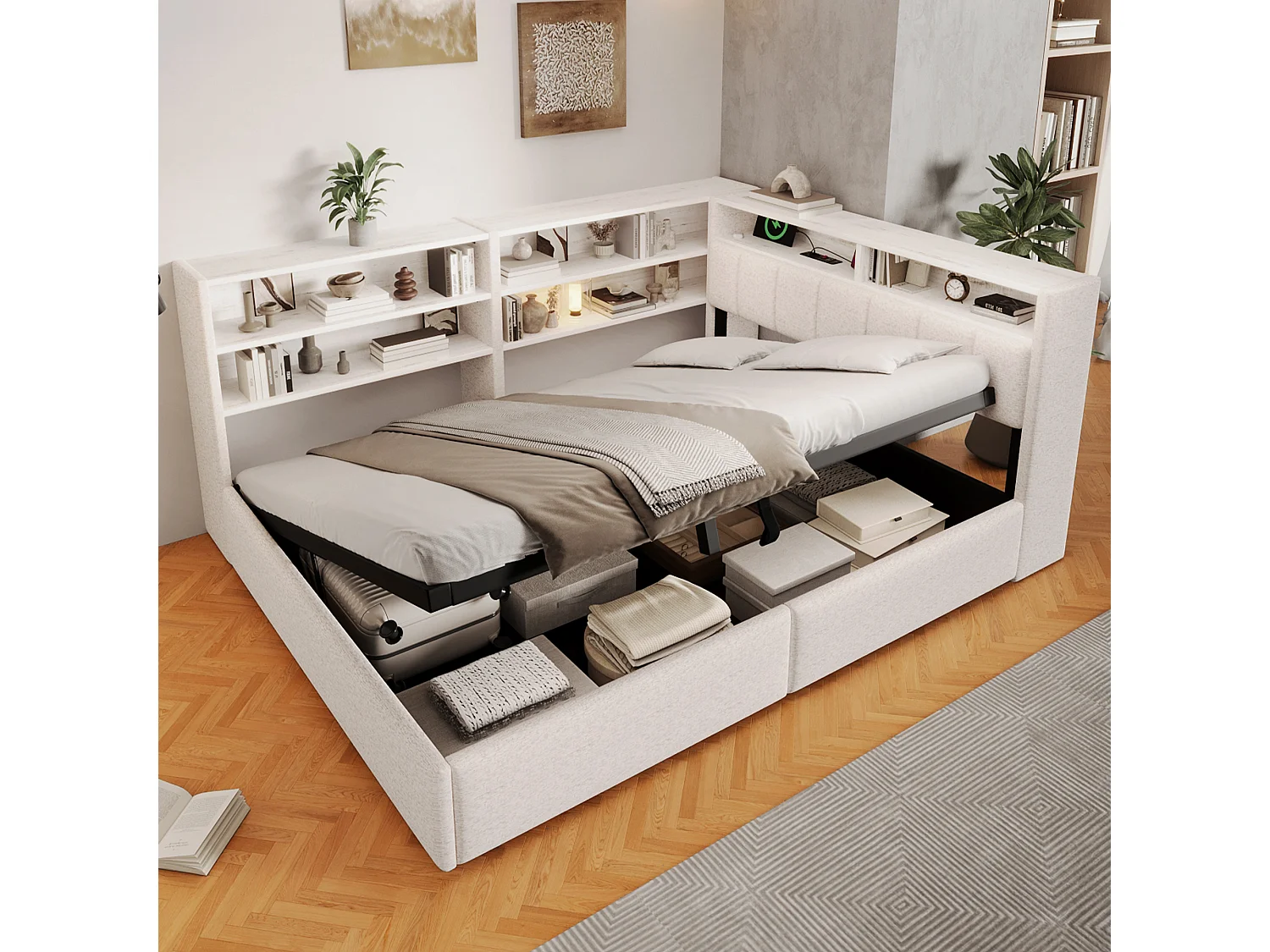 Canapébed met opbergruimte 140 x 200 cm - met elektrisch stopcontact - met USB-poort + LED-lichtstrip - fluweelstof - wit (matras niet inbegrepen)