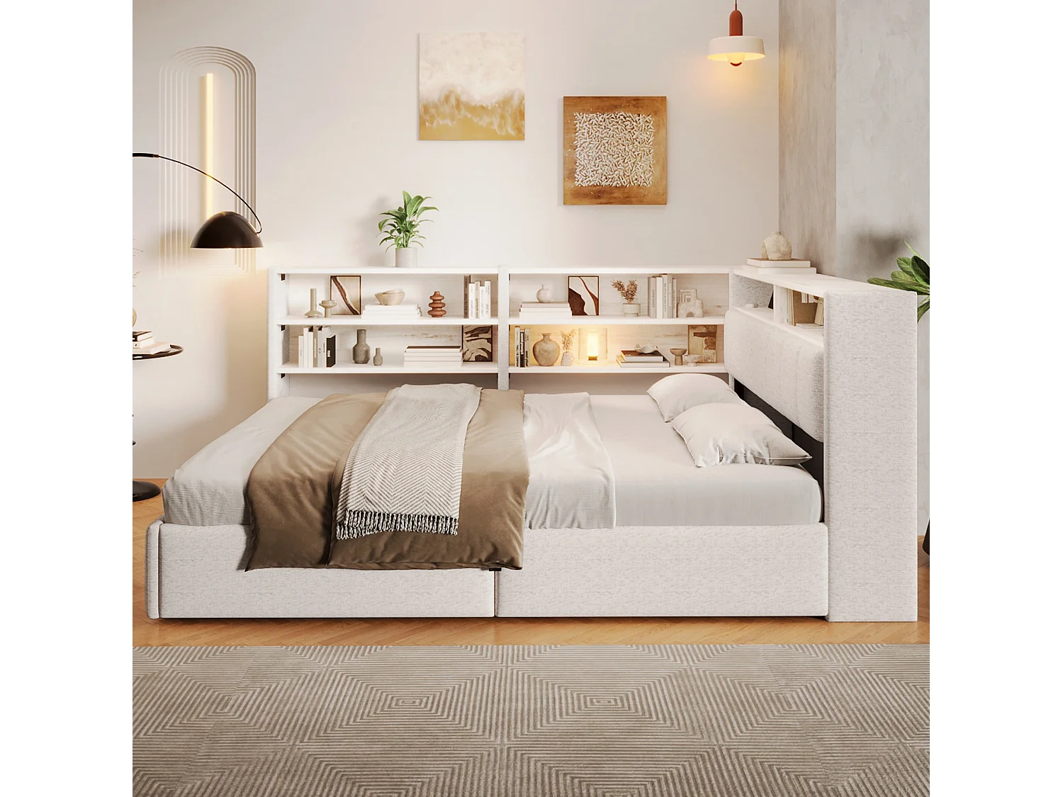 Canapébed met opbergruimte 140 x 200 cm - met elektrisch stopcontact - met USB-poort + LED-lichtstrip - fluweelstof - wit (matras niet inbegrepen)
