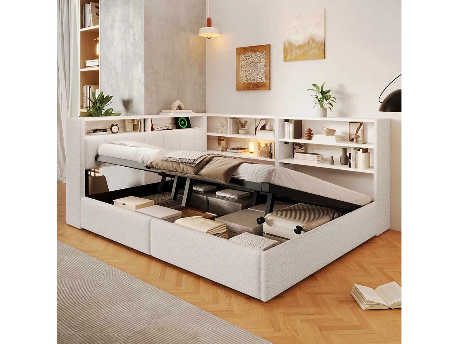 Canapébed met opbergruimte 140 x 200 cm - met elektrisch stopcontact - met USB-poort + LED-lichtstrip - fluweelstof - wit (matras niet inbegrepen)