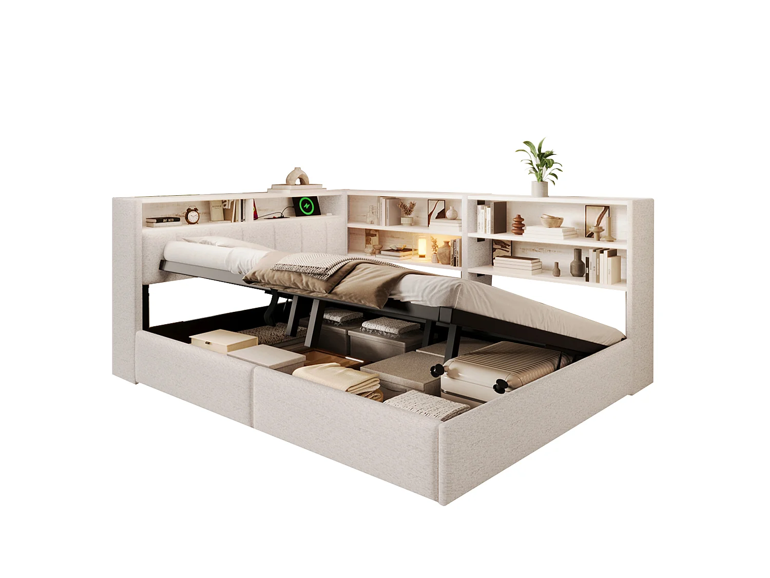 Canapébed met opbergruimte 140 x 200 cm - met elektrisch stopcontact - met USB-poort + LED-lichtstrip - fluweelstof - wit (matras niet inbegrepen)