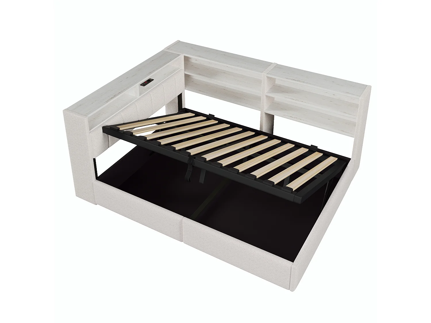 Canapébed met opbergruimte 140 x 200 cm - met elektrisch stopcontact - met USB-poort + LED-lichtstrip - fluweelstof - wit (matras niet inbegrepen)