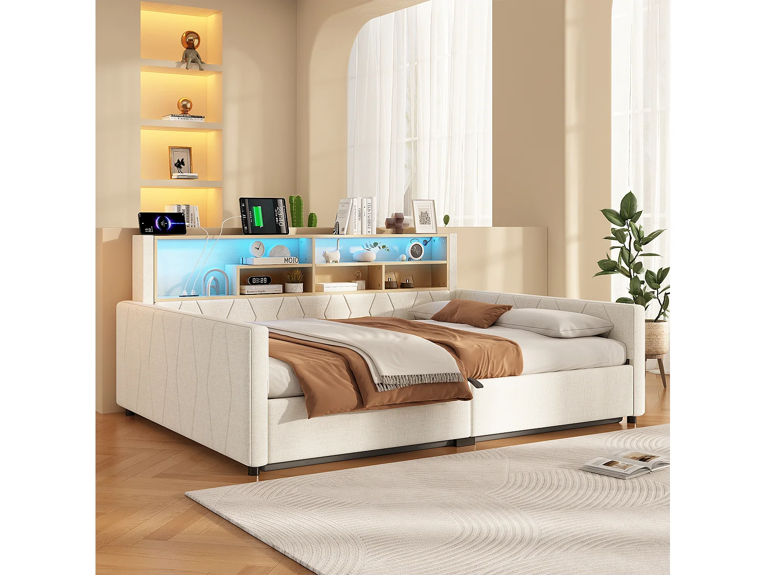 Bedbank met opbergruimte 140 x 200 cm - met stopcontact - met USB-poort - met LED-lichtstrip - linnenstof - Beige (matras niet inbegrepen)