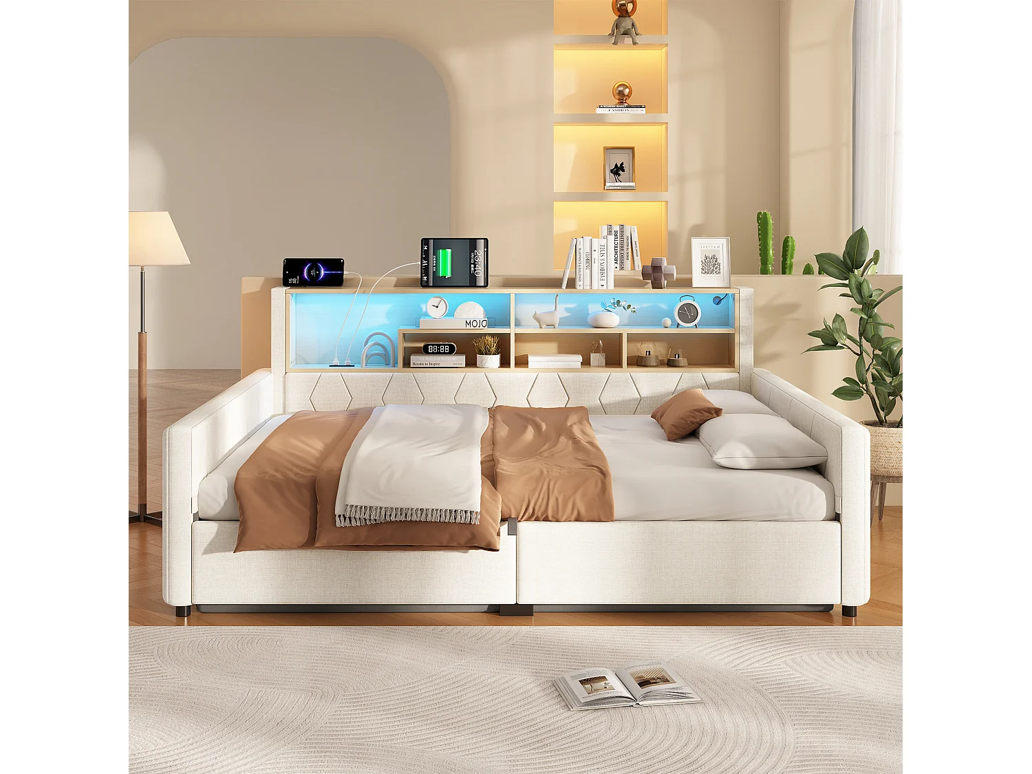 Bedbank met opbergruimte 140 x 200 cm - met stopcontact - met USB-poort - met LED-lichtstrip - linnenstof - Beige (matras niet inbegrepen)
