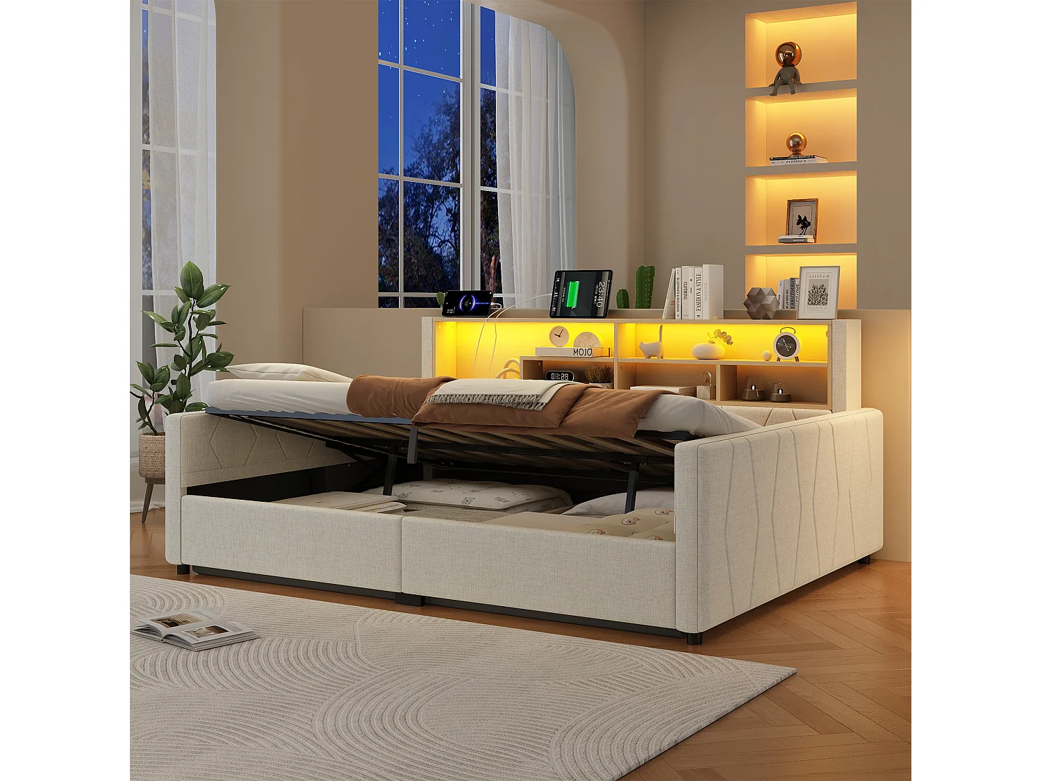 Bedbank met opbergruimte 140 x 200 cm - met stopcontact - met USB-poort - met LED-lichtstrip - linnenstof - Beige (matras niet inbegrepen)