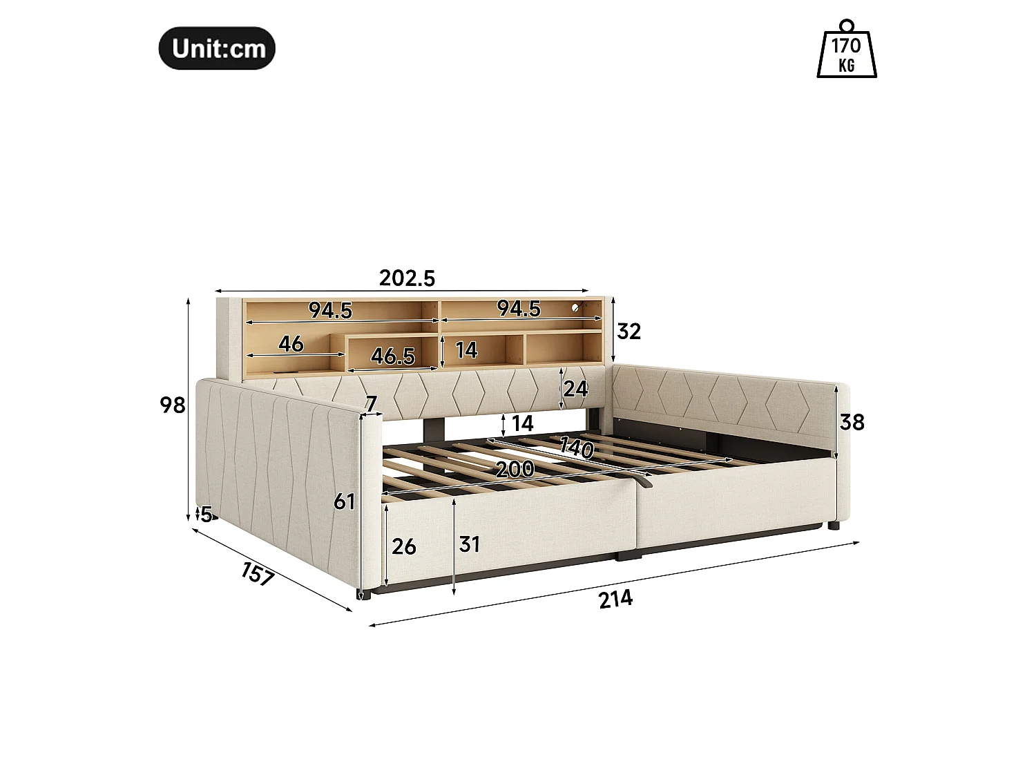 Bedbank met opbergruimte 140 x 200 cm - met stopcontact - met USB-poort - met LED-lichtstrip - linnenstof - Beige (matras niet inbegrepen)