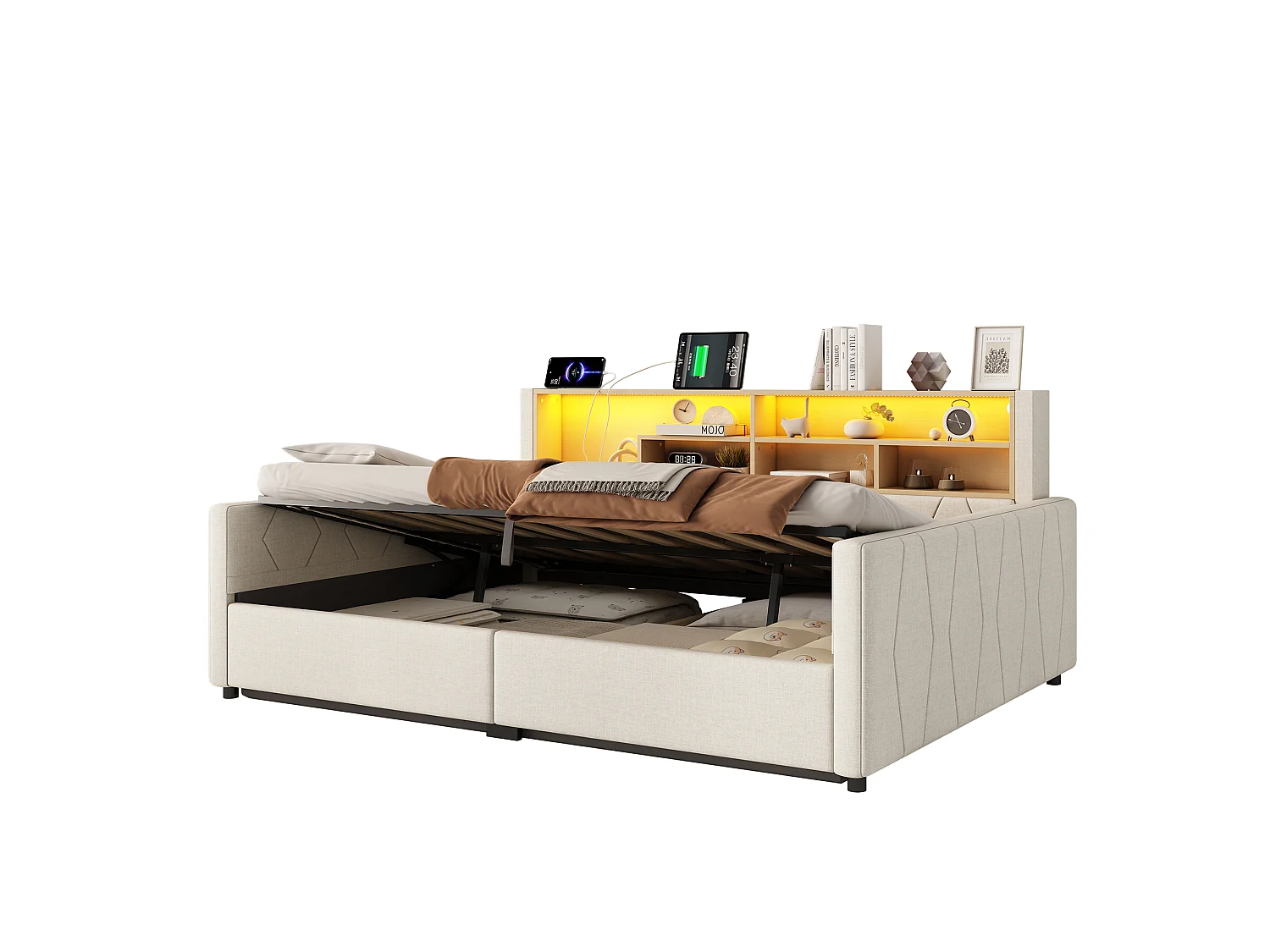 Bedbank met opbergruimte 140 x 200 cm - met stopcontact - met USB-poort - met LED-lichtstrip - linnenstof - Beige (matras niet inbegrepen)