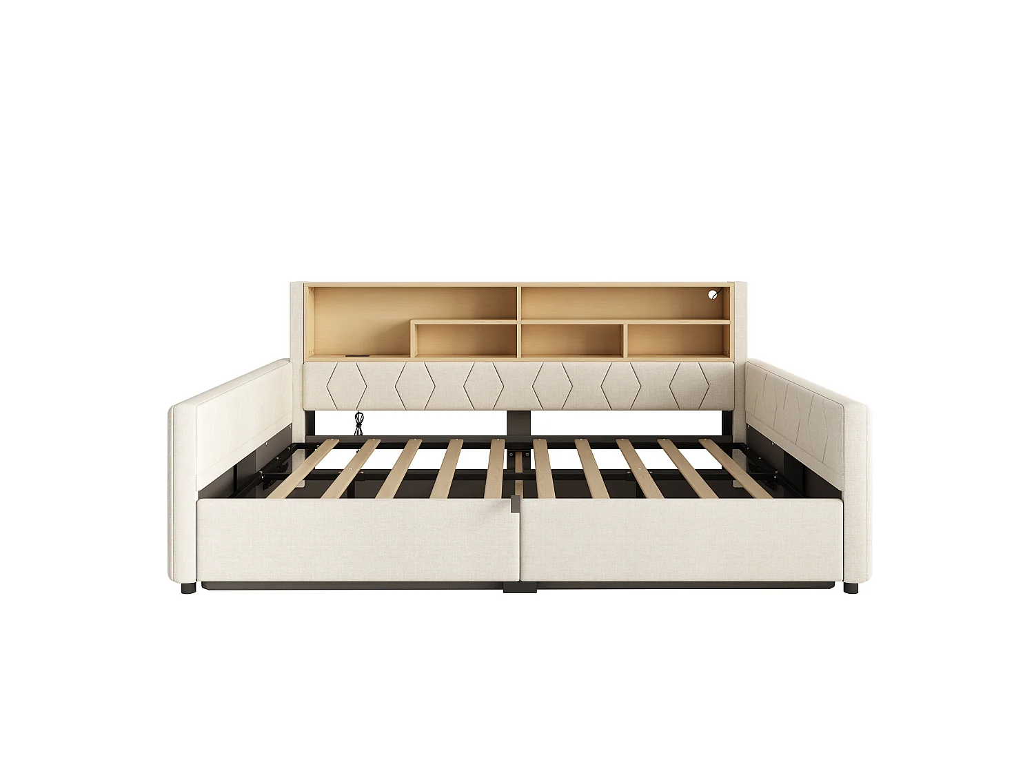 Bedbank met opbergruimte 140 x 200 cm - met stopcontact - met USB-poort - met LED-lichtstrip - linnenstof - Beige (matras niet inbegrepen)