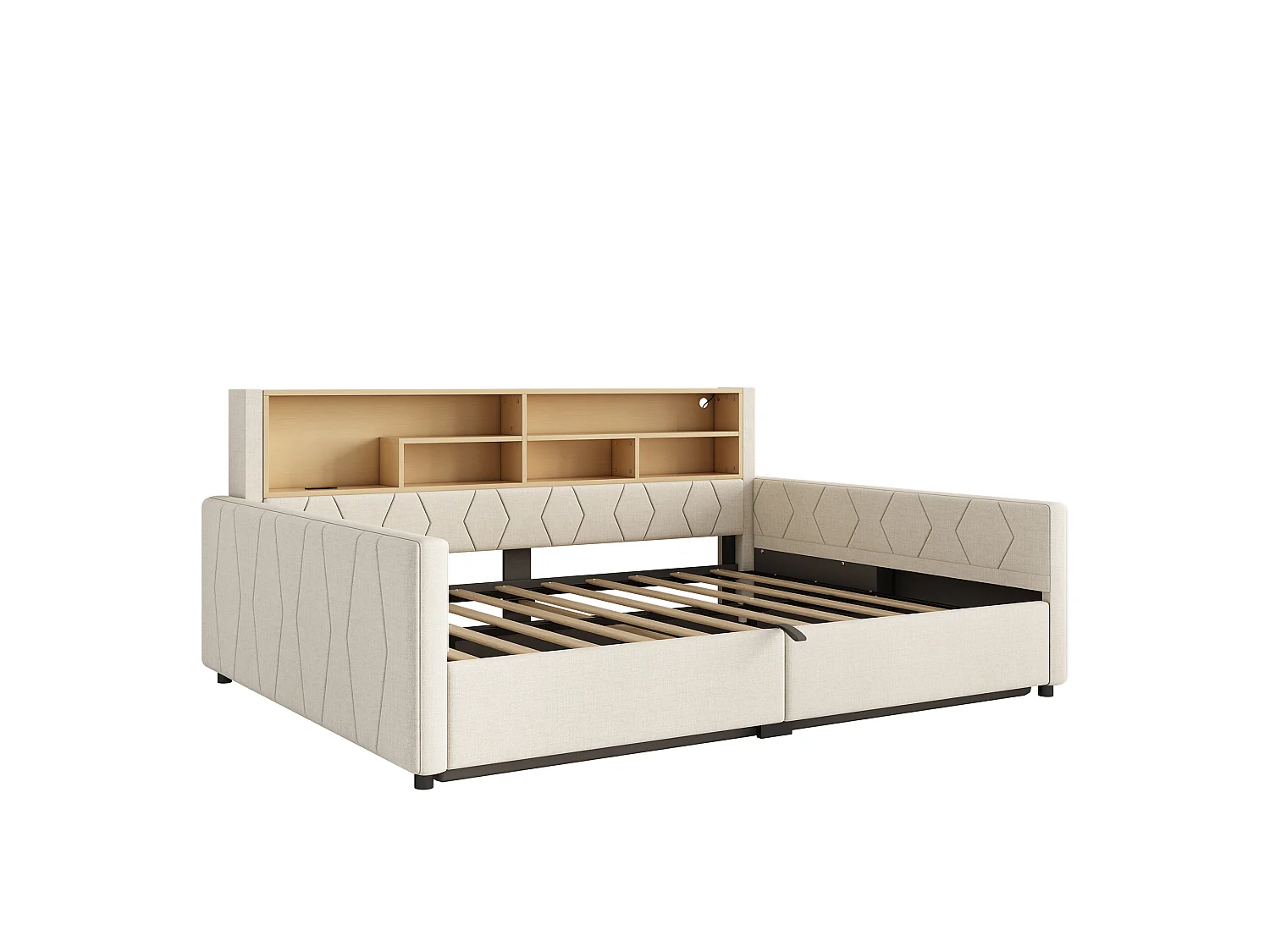 Bedbank met opbergruimte 140 x 200 cm - met stopcontact - met USB-poort - met LED-lichtstrip - linnenstof - Beige (matras niet inbegrepen)