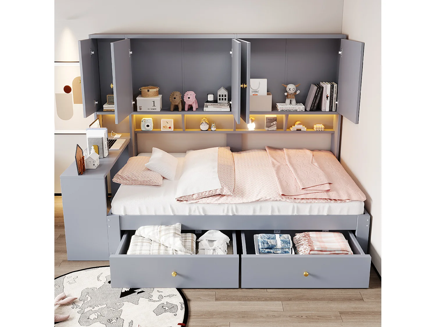 Lit en bois 90 x 200 cm - avec bureau - avec 2 tiroirs - avec lumière LED et prise - gris (matelas non inclus)