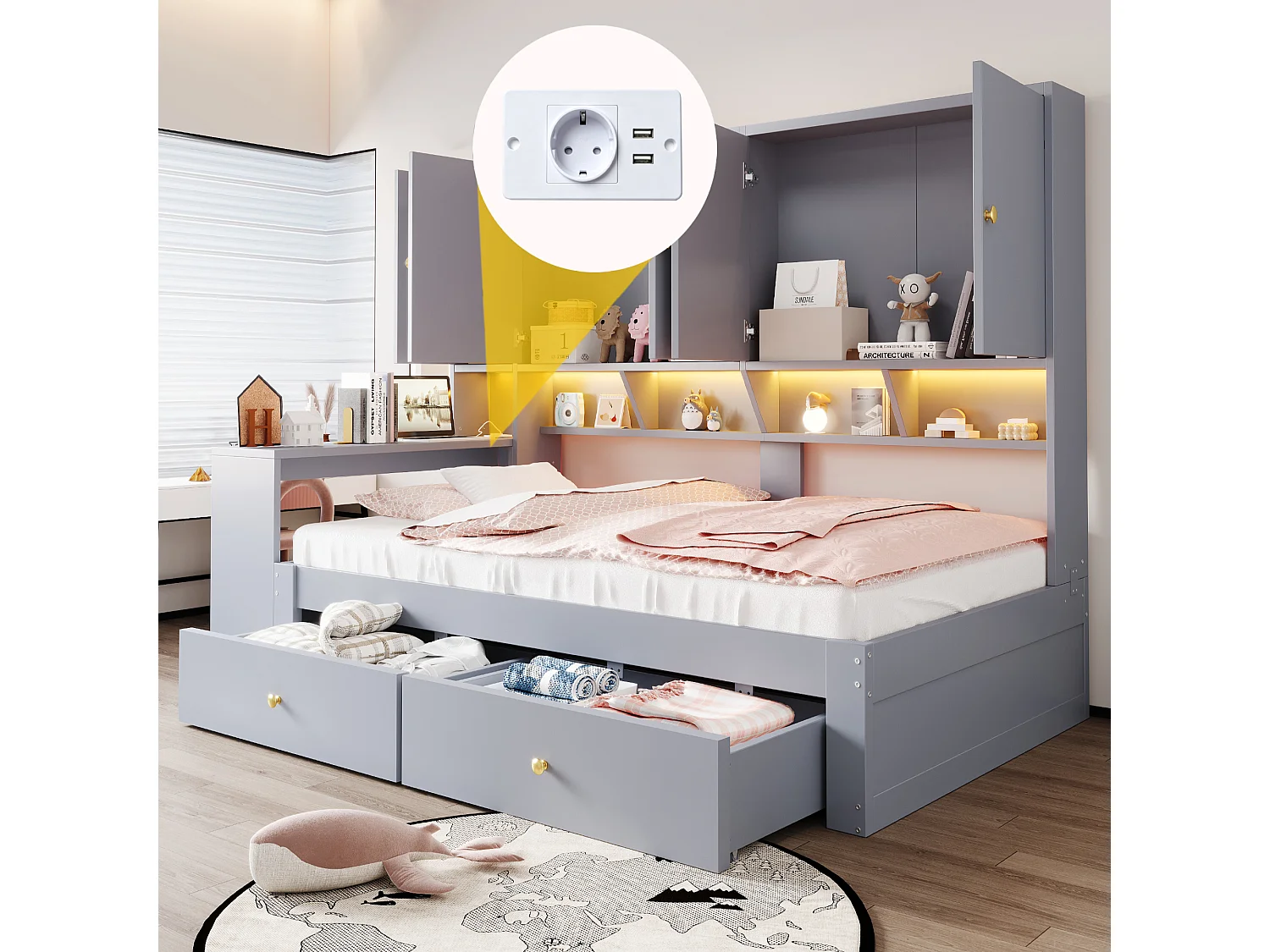 Lit en bois 90 x 200 cm - avec bureau - avec 2 tiroirs - avec lumière LED et prise - gris (matelas non inclus)