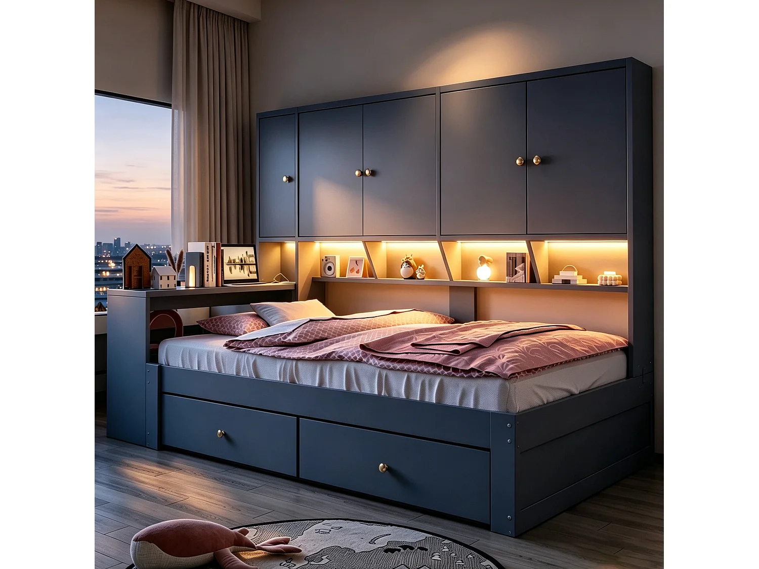 Lit en bois 90 x 200 cm - avec bureau - avec 2 tiroirs - avec lumière LED et prise - gris (matelas non inclus)