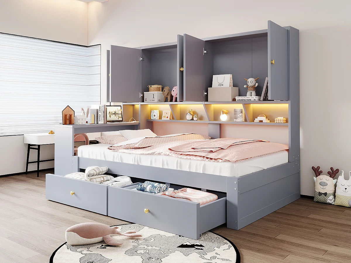 Lit en bois 90 x 200 cm - avec bureau - avec 2 tiroirs - avec lumière LED et prise - gris (matelas non inclus)