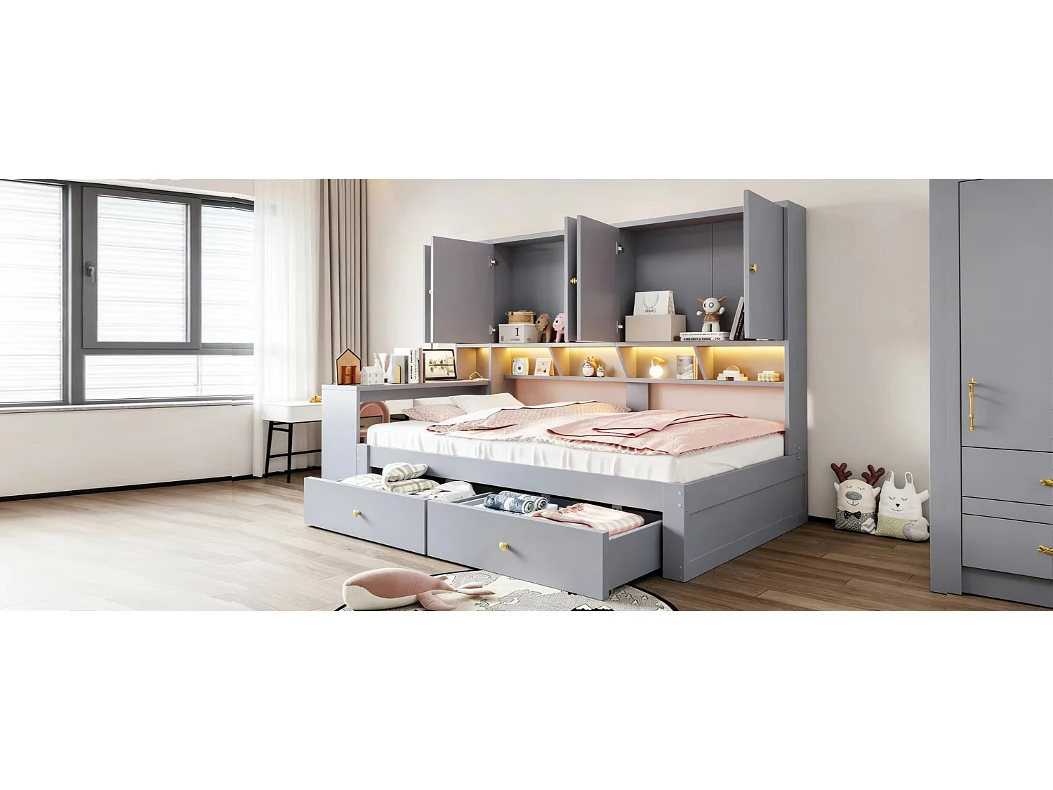 Lit en bois 90 x 200 cm - avec bureau - avec 2 tiroirs - avec lumière LED et prise - gris (matelas non inclus)