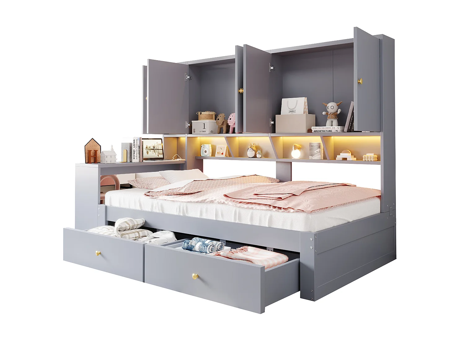 Lit en bois 90 x 200 cm - avec bureau - avec 2 tiroirs - avec lumière LED et prise - gris (matelas non inclus)