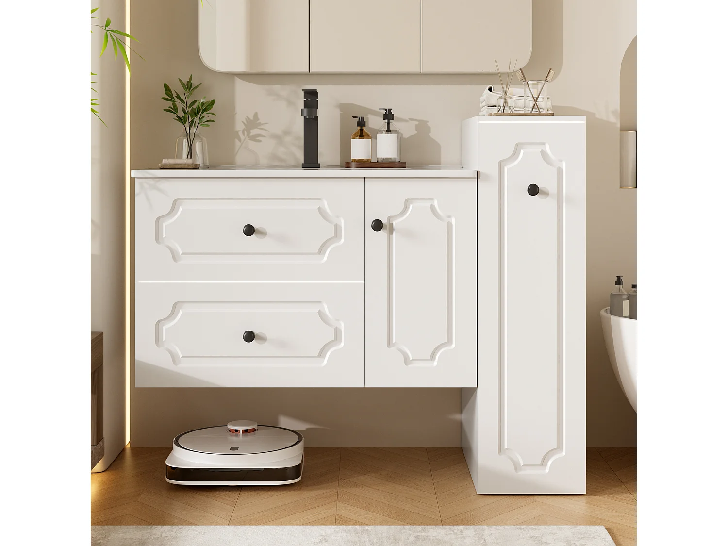 Meble łazienkowe - z ceramiczną umywalką - z 3 szufladami i 1 drzwiami - białe (bateria nie w zestawie)