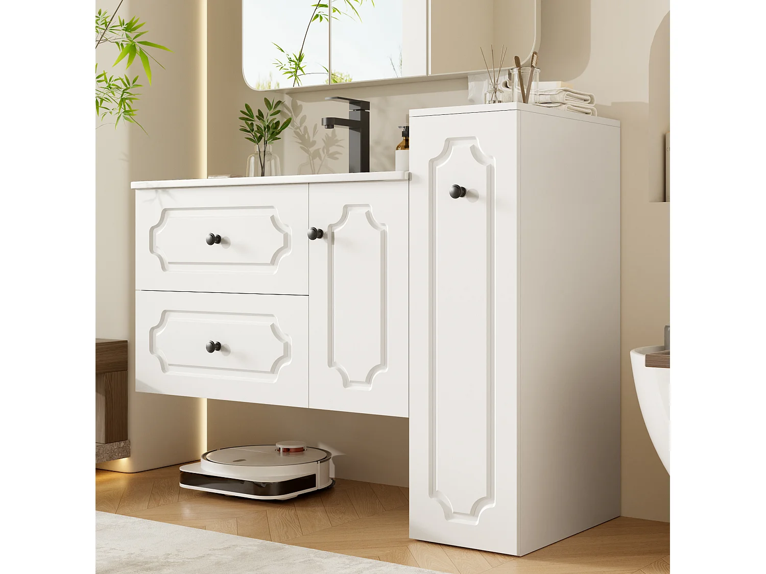 Meble łazienkowe - z ceramiczną umywalką - z 3 szufladami i 1 drzwiami - białe (bateria nie w zestawie)