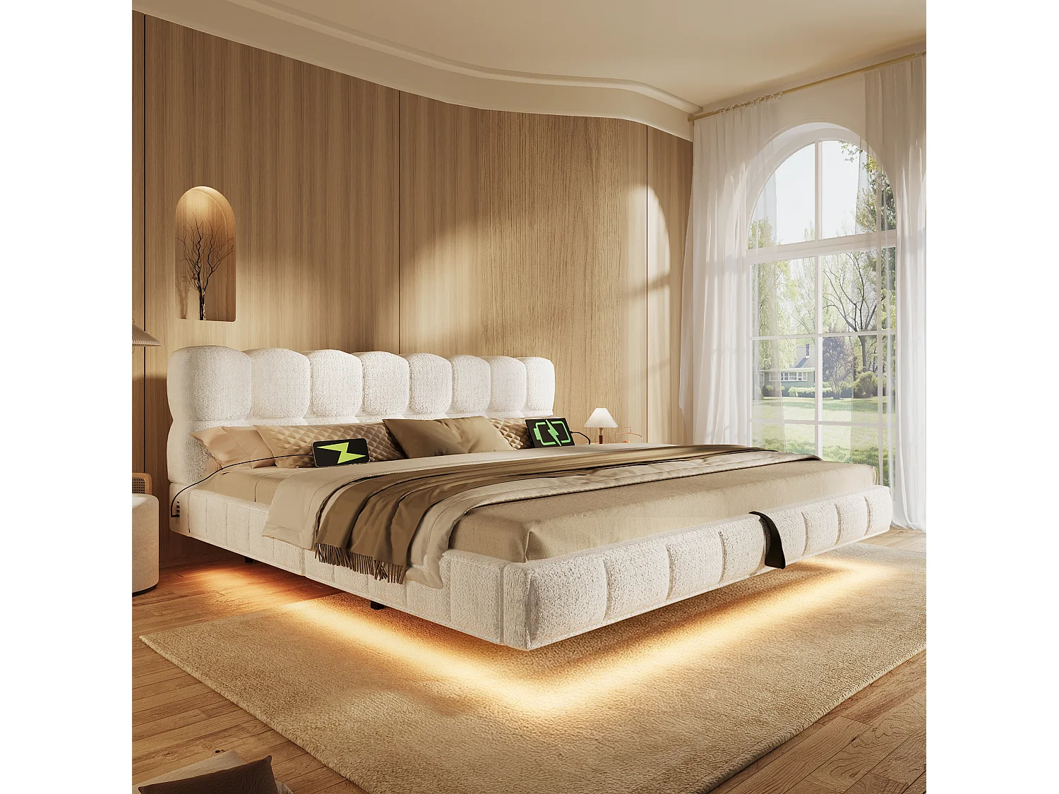 Lit coffre rembourré 180x200cm - avec lumière LED et port USB - design flottant - tissu chenille - Beige (sans matelas)